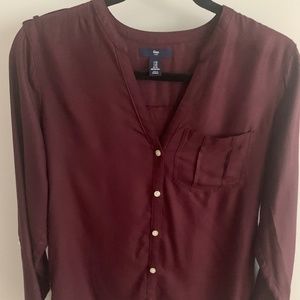 GAP, Maroon Long Sleeve V-neck Button Up Blouse, Women's Extra Small